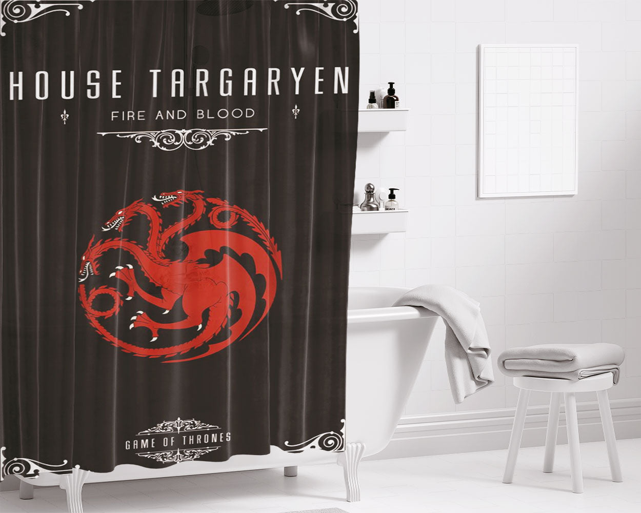 House Targayen Fire And Blood Games Of Thrones Wallpaper Bathroom Shower Curtain Fabric Waterproof | 66 X 72 Inch