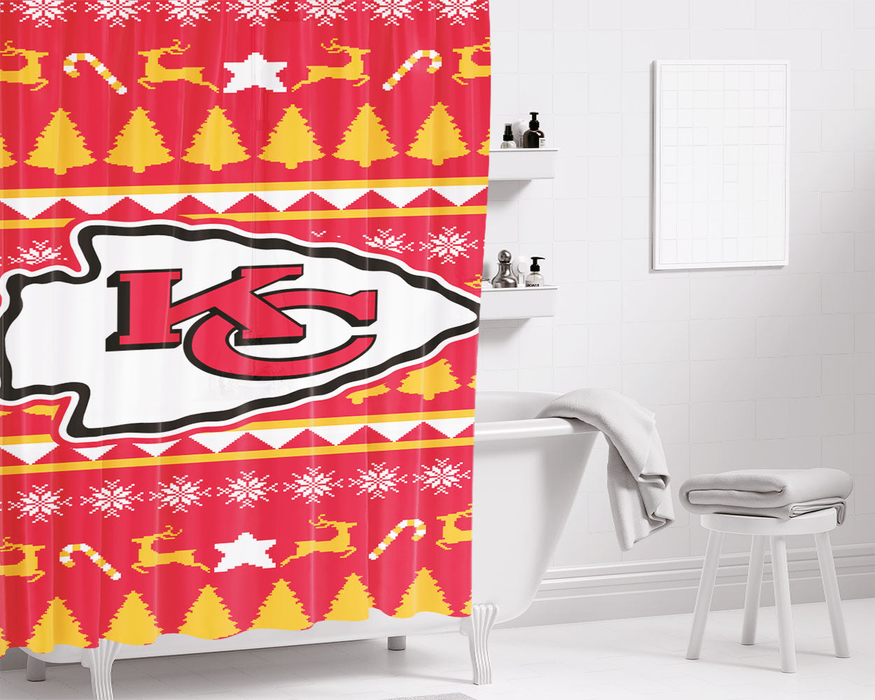 Kansas City Chiefs Christmas Sweater Bathroom Shower Curtain Fabric Waterproof | 66 X 72 Inch