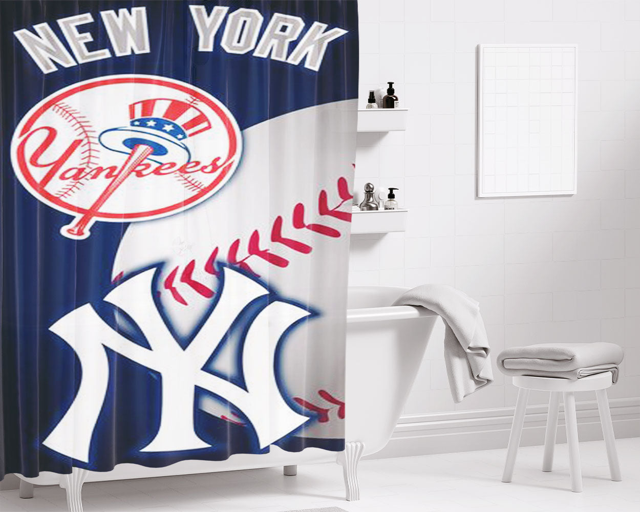 New York Yankees Logo Bathroom Shower Curtain Fabric Waterproof | 66 X 72 Inch