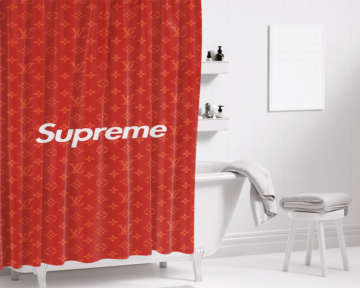 Red Supreme Louis Vuitton Bathroom Shower Curtain Fabric Waterproof | 66 X 72 Inch