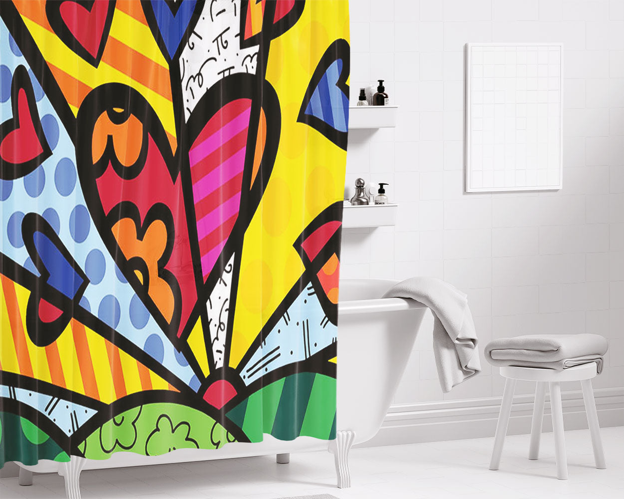 Romero Britto Pop Hearts Wallpaper Bathroom Shower Curtain Fabric Waterproof | 66 X 72 Inch