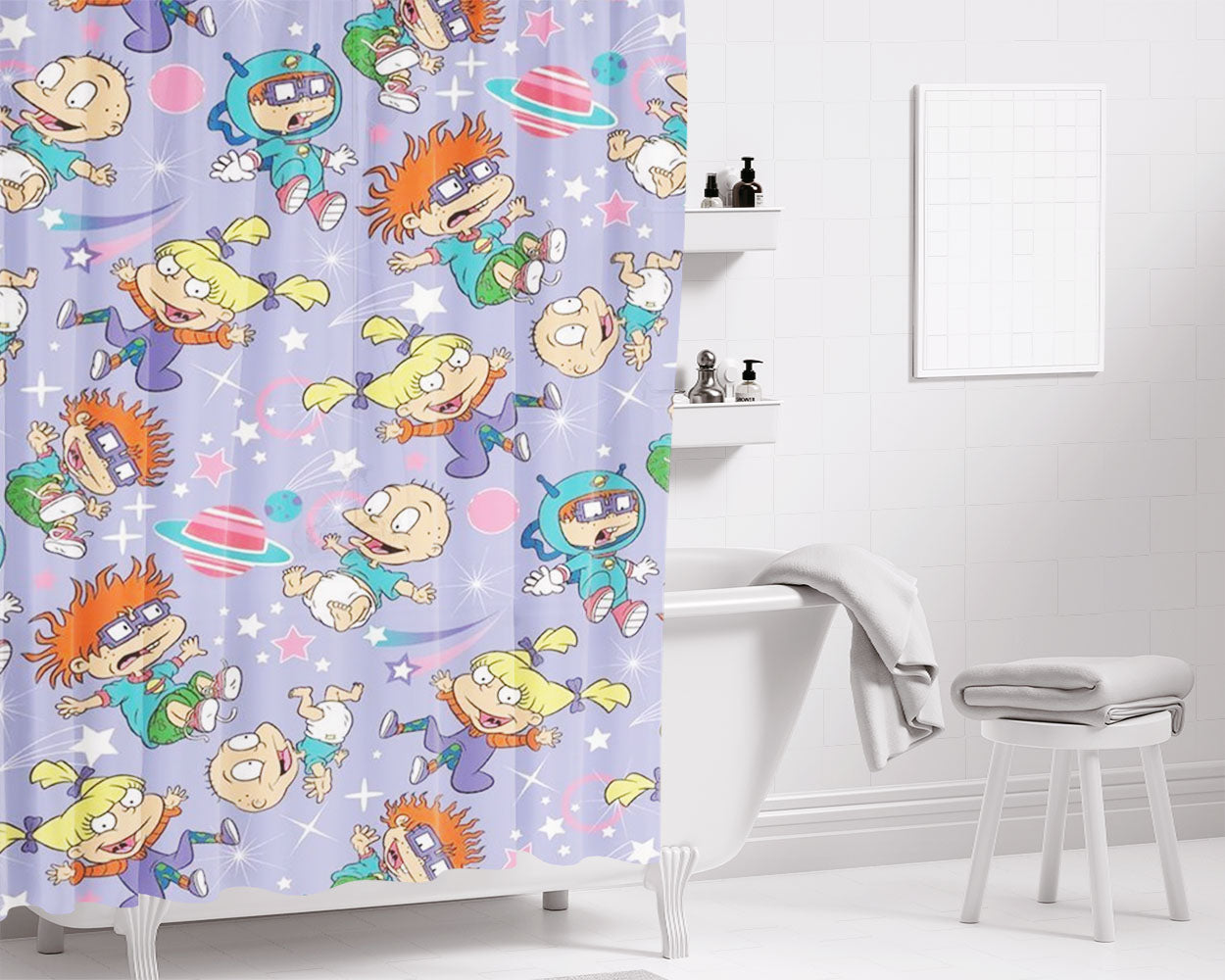 Rugrats Pattern Plannet Wallpaper Bathroom Shower Curtain Fabric Waterproof | 66 X 72 Inch
