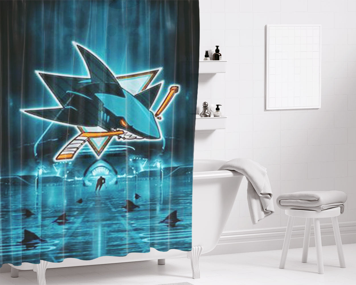 San Jose Sharks Bathroom Shower Curtain Fabric Waterproof | 66 X 72 Inch