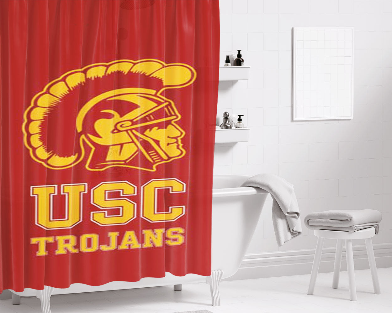 Usc Trojans Logo On Red Bathroom Shower Curtain Fabric Waterproof | 66 X 72 Inch