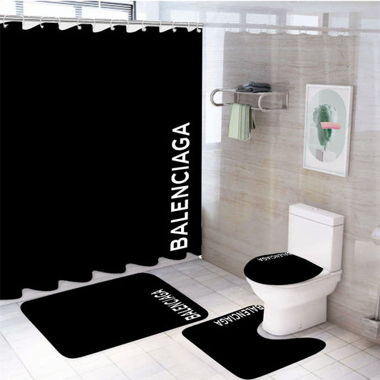 Balenciaga Logo Black 4Pcs Bathroom Set Shower Curtain