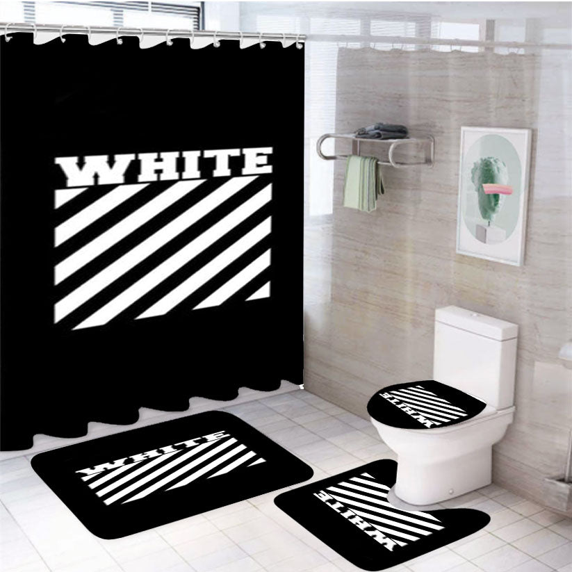 Black Off White 4Pcs Bathroom Set Shower Curtain