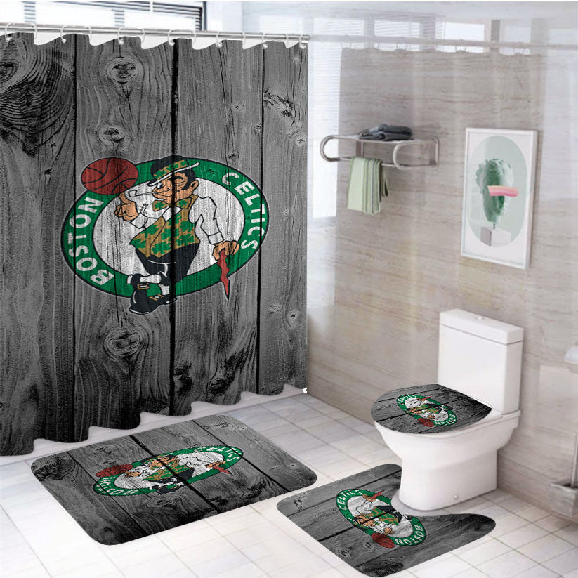 Boston Celtics Nba Logo Dark Wood Wallpaper 4Pcs Bathroom Set Shower Curtain