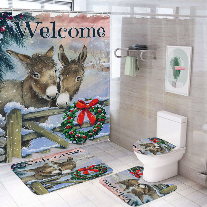 Christmas Farm Animals Donkeys 4Pcs Bathroom Set Shower Curtain