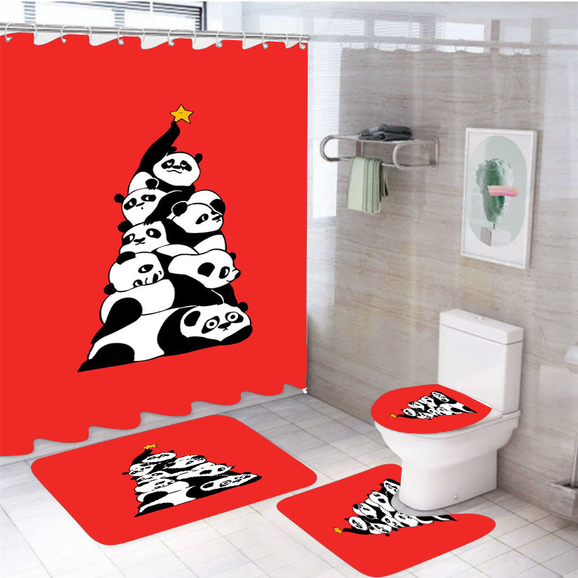 Christmas Tree Pandas Red 4Pcs Bathroom Set Shower Curtain