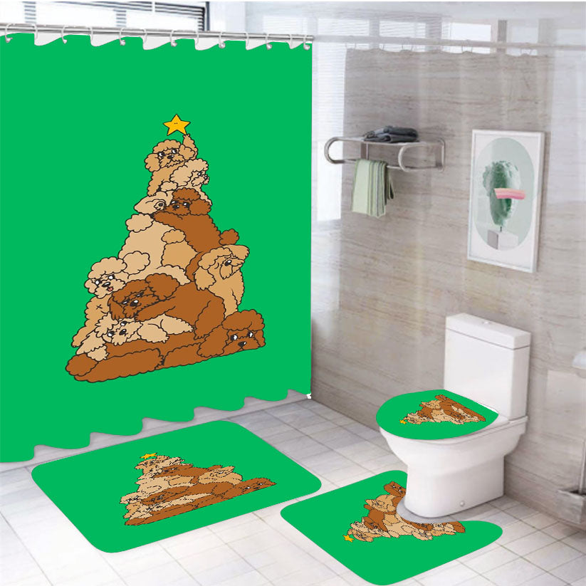 Christmas Tree Poodle Dog Green 4Pcs Bathroom Set Shower Curtain