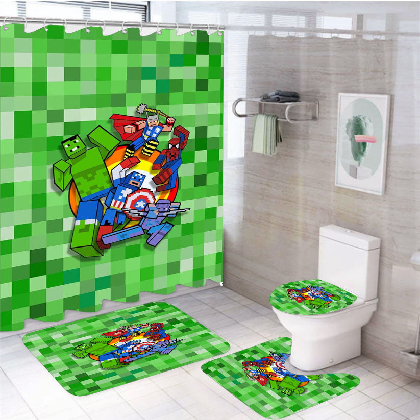 Dc Marvel Cute Cube Superheroes Minecraft 4Pcs Bathroom Set Shower Curtain