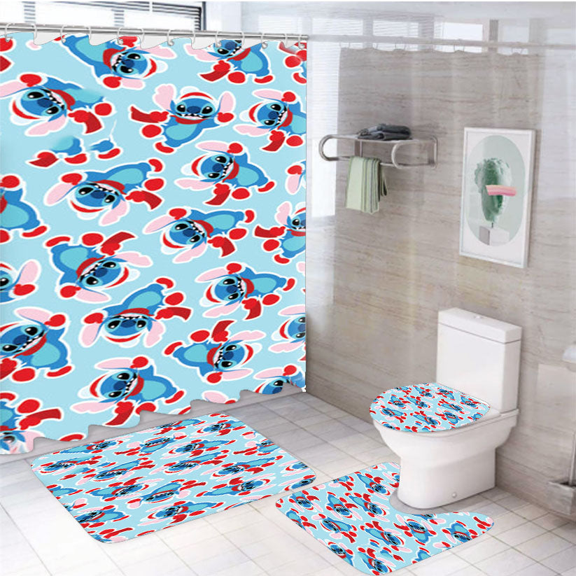 Disney Christmas Blue Alien Christmas Pattern 4Pcs Bathroom Set Shower Curtain