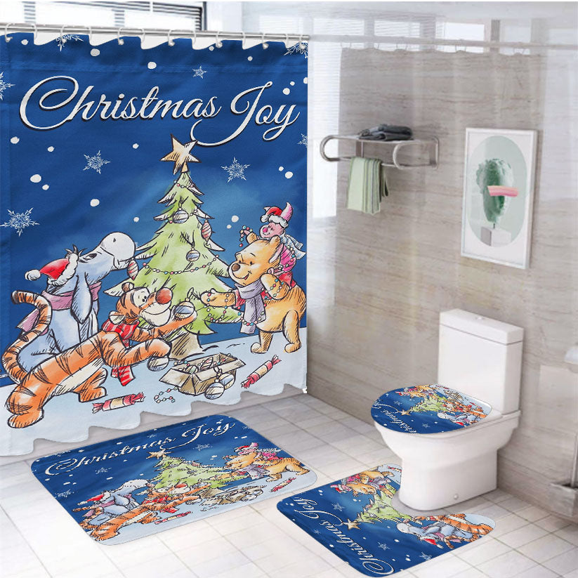 Disney Christmas Winnie The Pooh 4Pcs Bathroom Set Shower Curtain