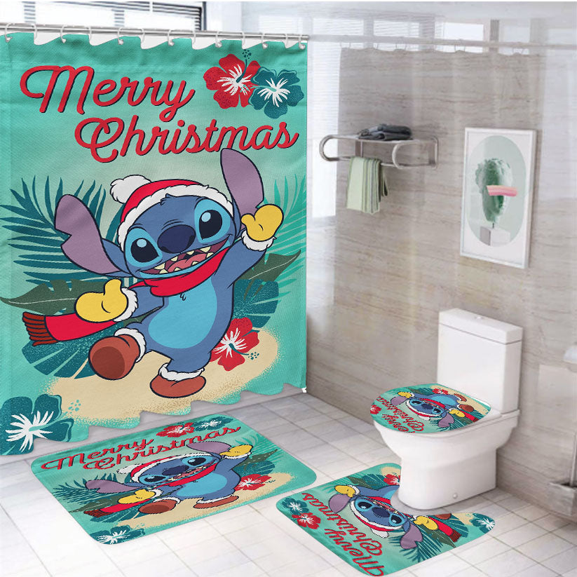 Disney Merry Christmas Stitch 4Pcs Bathroom Set Shower Curtain