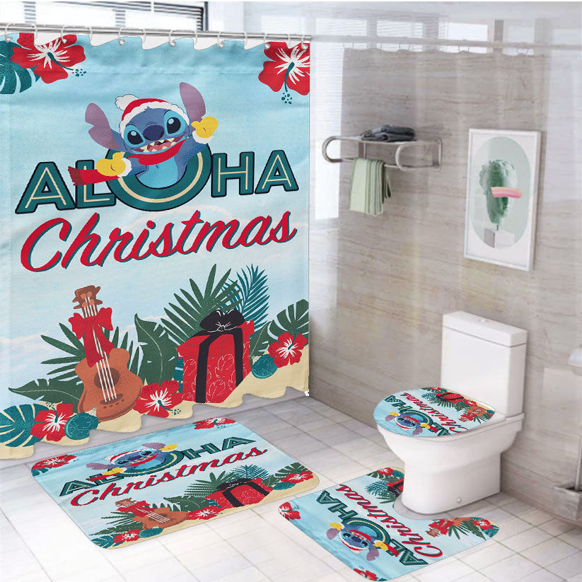 Disney Stitch Aloha Christmas 4Pcs Bathroom Set Shower Curtain