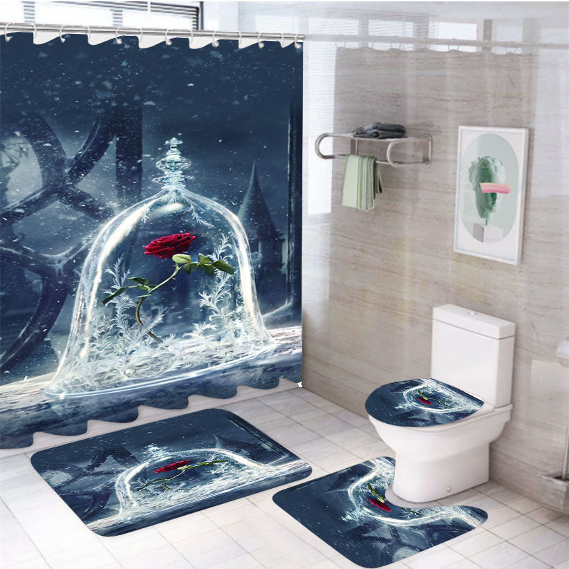 Disney Style Beauty And The Beast 4Pcs Bathroom Set Shower Curtain