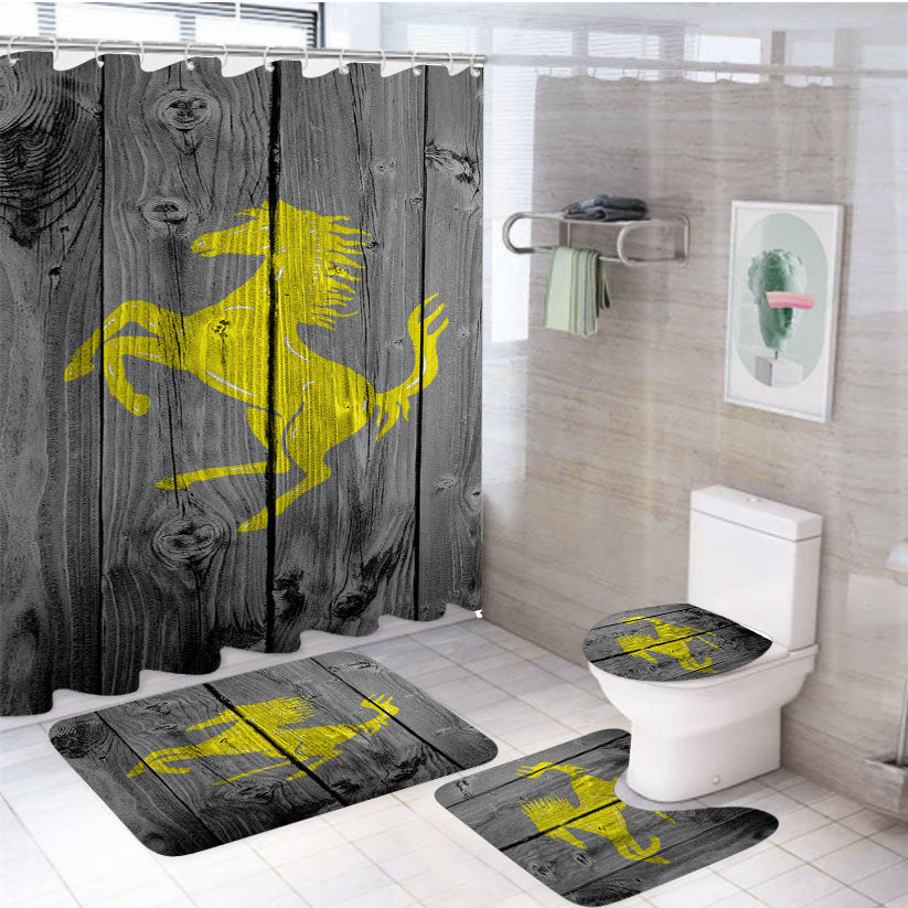Ferrari Horse Logo Dark Wood Wallpaper 4Pcs Bathroom Set Shower Curtain
