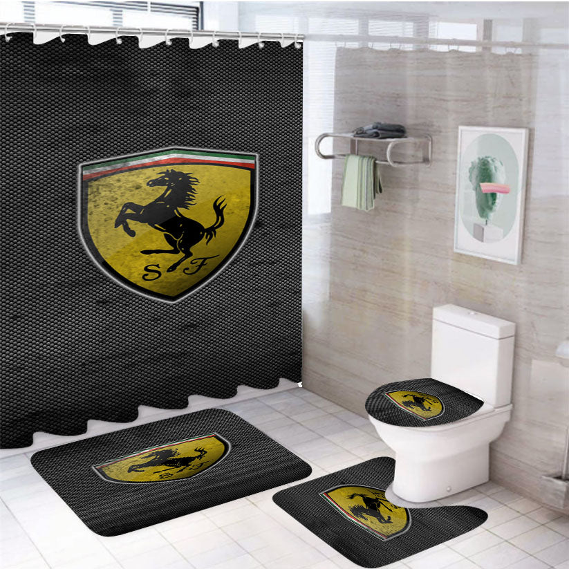 Ferrari Logo Black Grey Texture 4Pcs Bathroom Set Shower Curtain