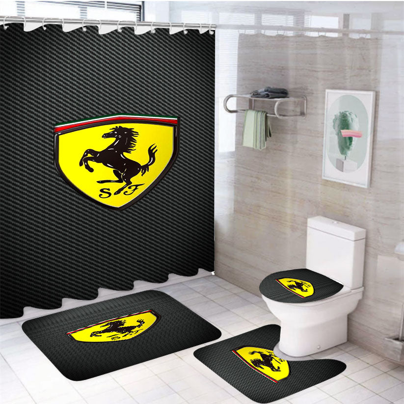 Ferrari Logo Carbon Fiber 4Pcs Bathroom Set Shower Curtain