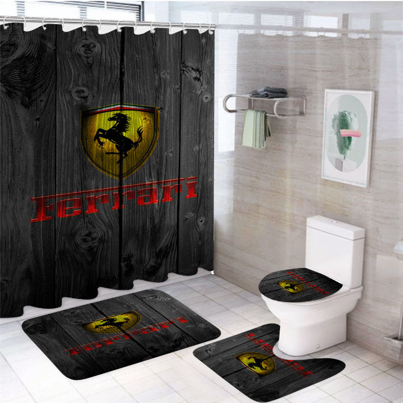 Ferrari Luxury Car Logo Dark Wood Wallpaper 4Pcs Bathroom Set Shower Curtain