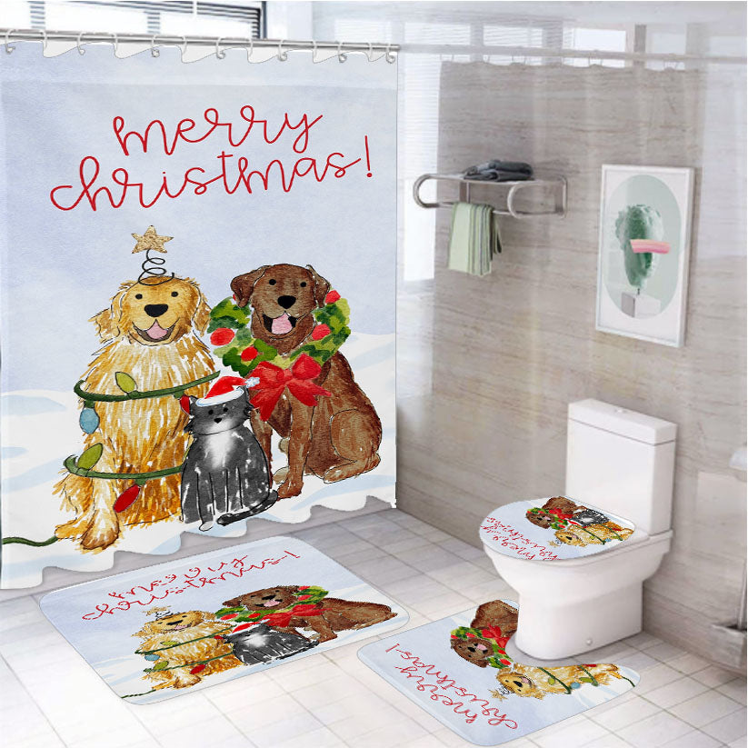 Festive Christmas Mix And Match Pet 4Pcs Bathroom Set Shower Curtain