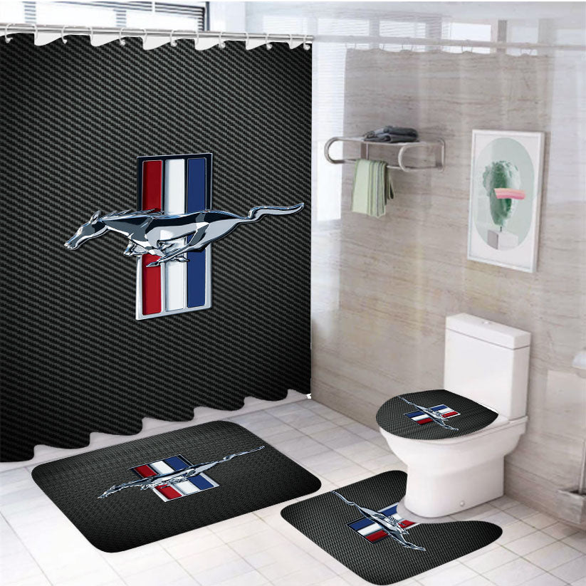 Ford Mustang Carbon Fiber Logo 4Pcs Bathroom Set Shower Curtain