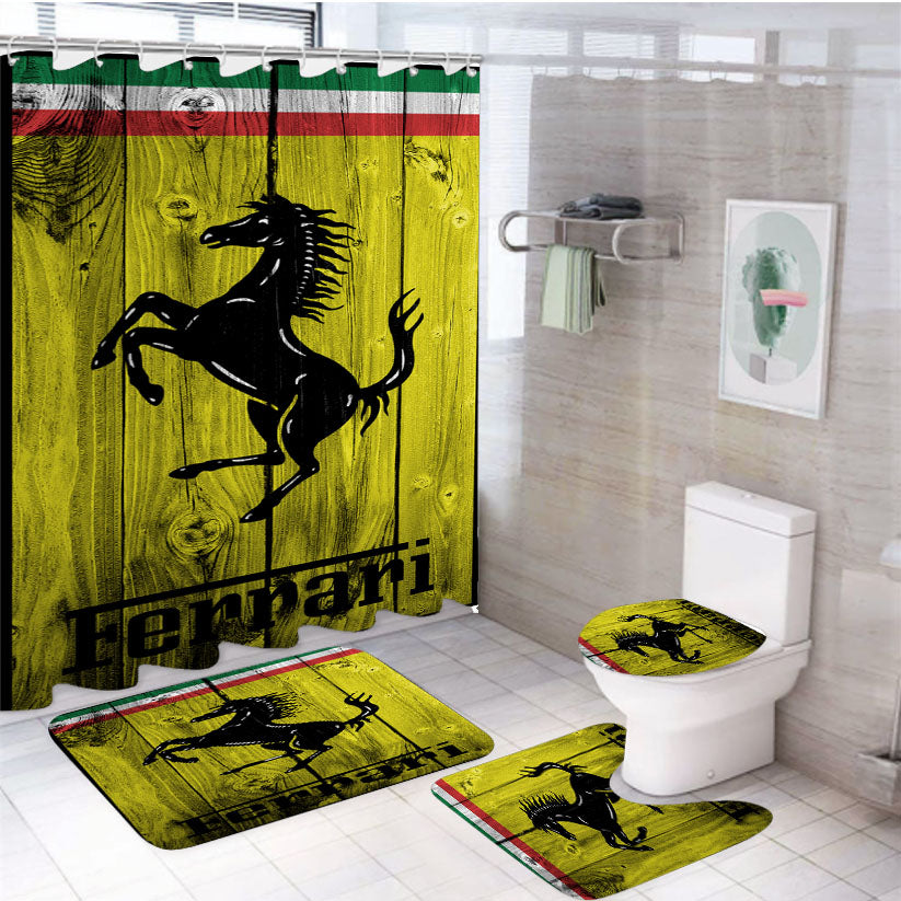 Full Ferrari Logo Dark Wood Wallpaper 4Pcs Bathroom Set Shower Curtain
