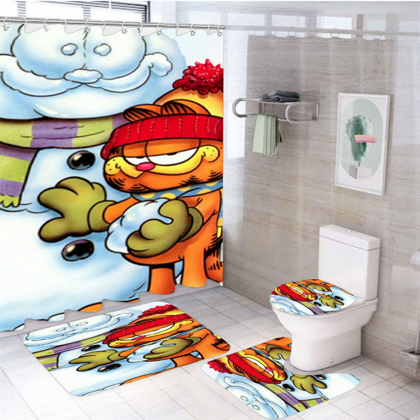 Garfield Puss Playing Snow 4Pcs Bathroom Set Shower Curtain