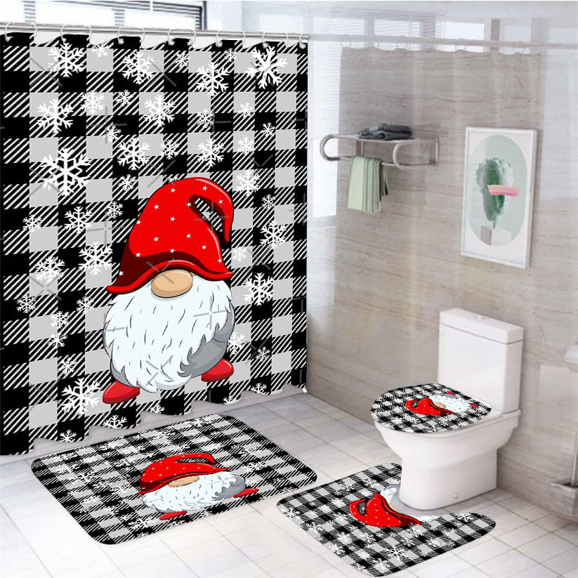 Gnomes Gray Buffalo Plaid Christmas Snowflakes 4Pcs Bathroom Set Shower Curtain