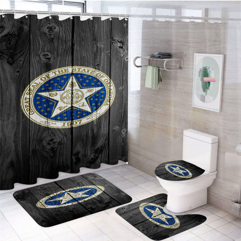 Great Seal Of The State Of Oklahoma Logo Dark Wood Wallpaper 4Pcs Bathroom Set Shower Curtain