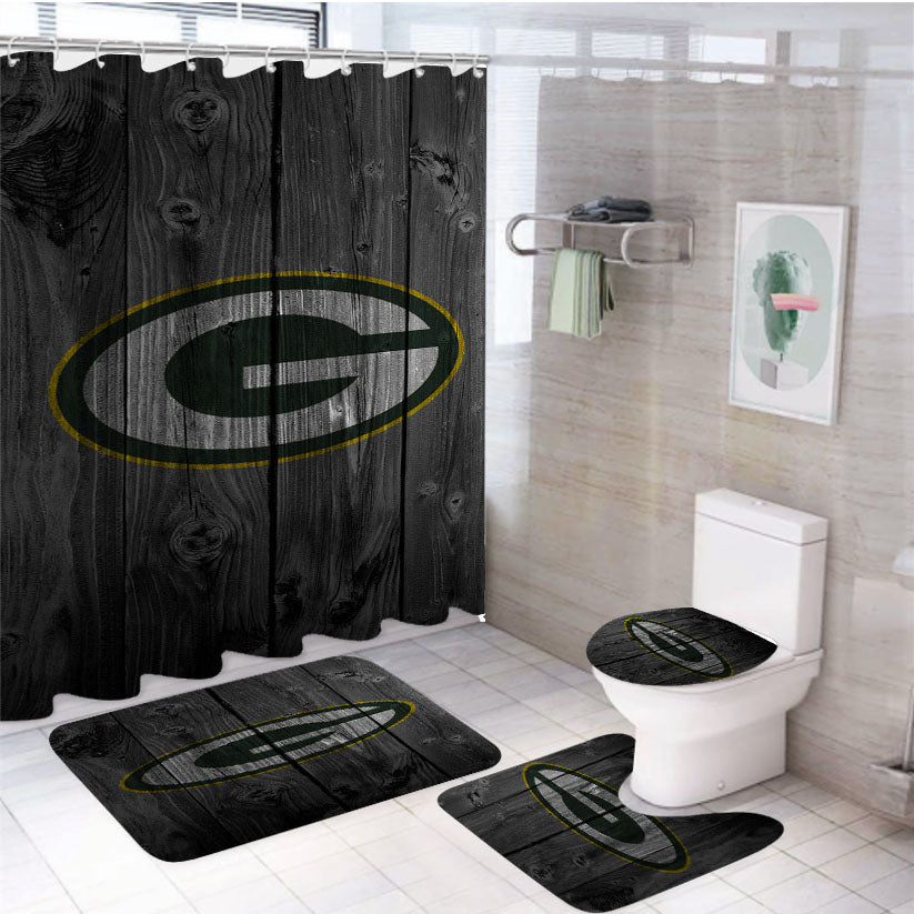 Green Bay Packers Nfl Logo Dark Wood Wallpaper 4Pcs Bathroom Set Shower Curtain