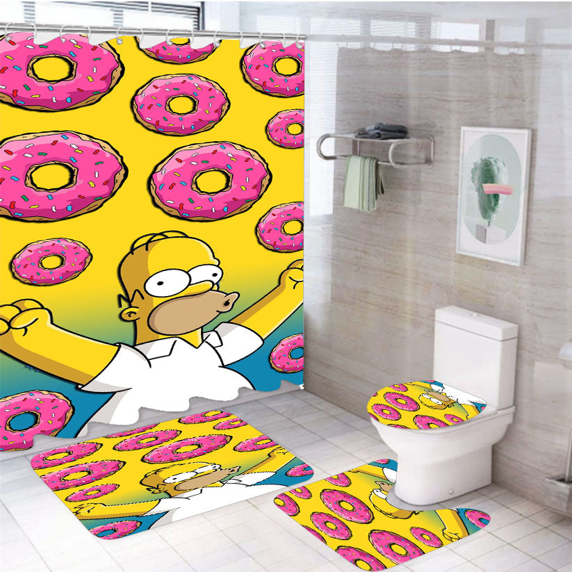 Homer Simpson Donuts Pink 4Pcs Bathroom Set Shower Curtain