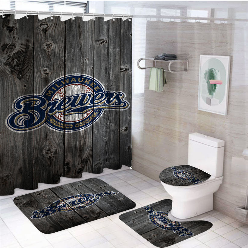 Milwaukee Brewers Mlb Logo Dark Wood Wallpaper 4Pcs Bathroom Set Shower Curtain