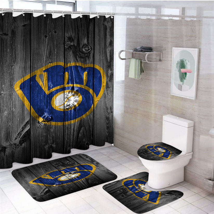 New Milwaukee Brewers Mlb Logo Dark Wood Wallpaper 4Pcs Bathroom Set Shower Curtain