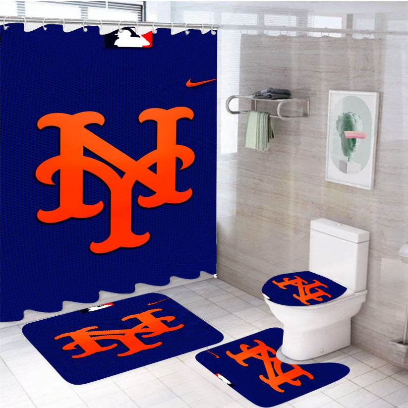 New York Mets Mlb Logo 9786 4Pcs Bathroom Set Shower Curtain