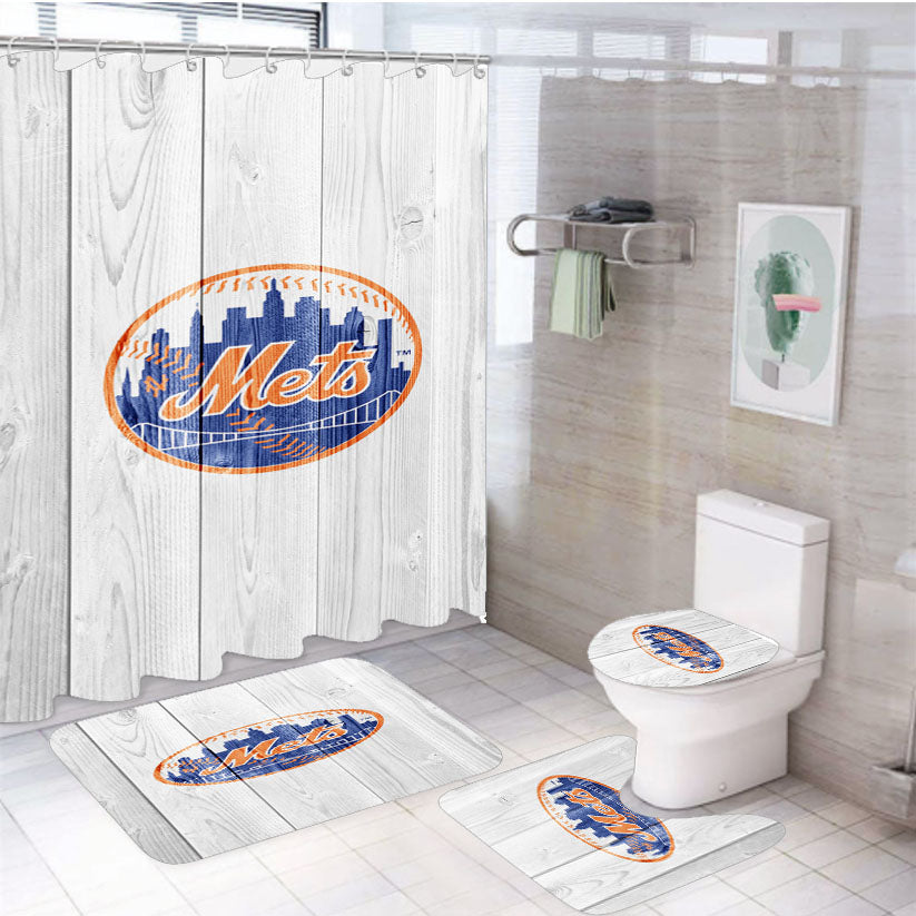 New York Mets Mlb Logo White Wood Wallpaper 4Pcs Bathroom Set Shower Curtain