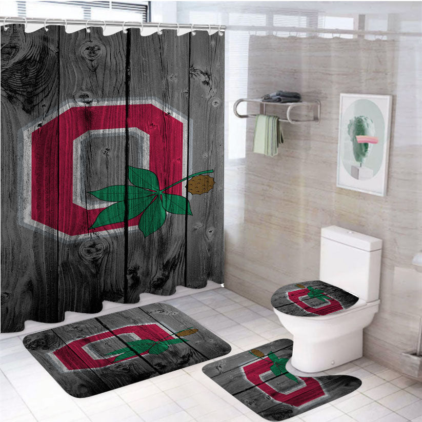 Ohio State Logo Dark Wood Wallpaper 4Pcs Bathroom Set Shower Curtain