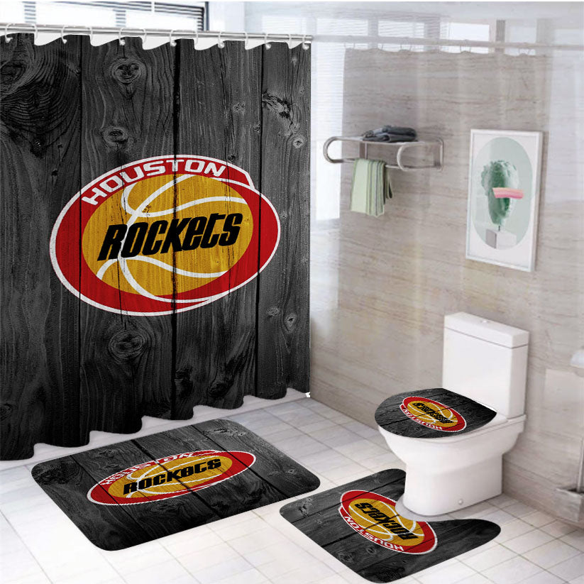Old Houston Rockets Nba Logo Dark Wood Wallpaper 4Pcs Bathroom Set Shower Curtain