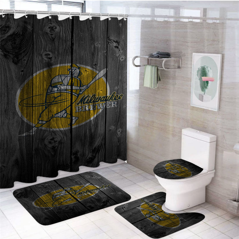 Old Milwaukee Brewers Mlb Logo Dark Wood Wallpaper 4Pcs Bathroom Set Shower Curtain