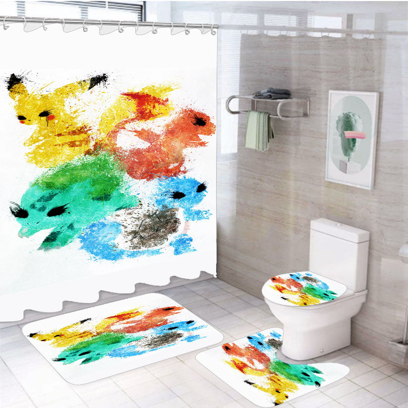 Pikachu Painting Pokemon 4Pcs Bathroom Set Shower Curtain