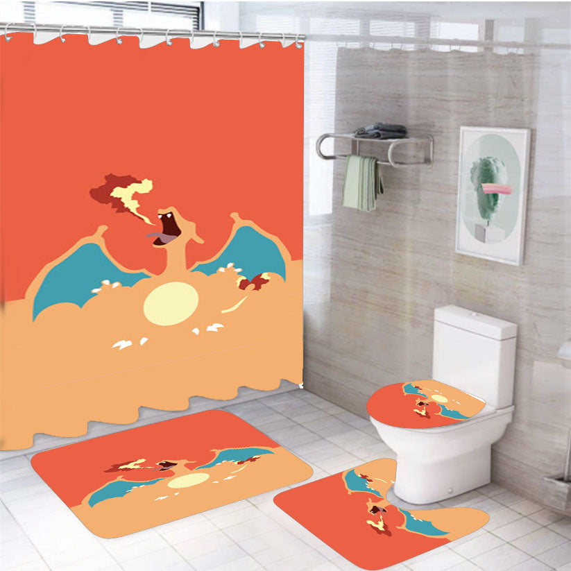 Pokemon Fire 4Pcs Bathroom Set Shower Curtain