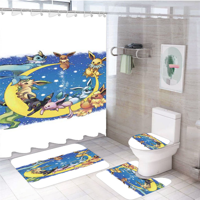Pokemon Moon Creatures 4Pcs Bathroom Set Shower Curtain
