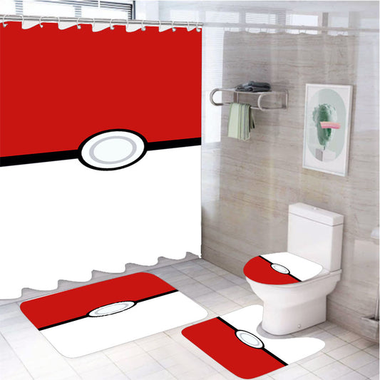Pokemon Pokeball 4Pcs Bathroom Non-Slip Rugs Shower Curtain Fabric Waterproof