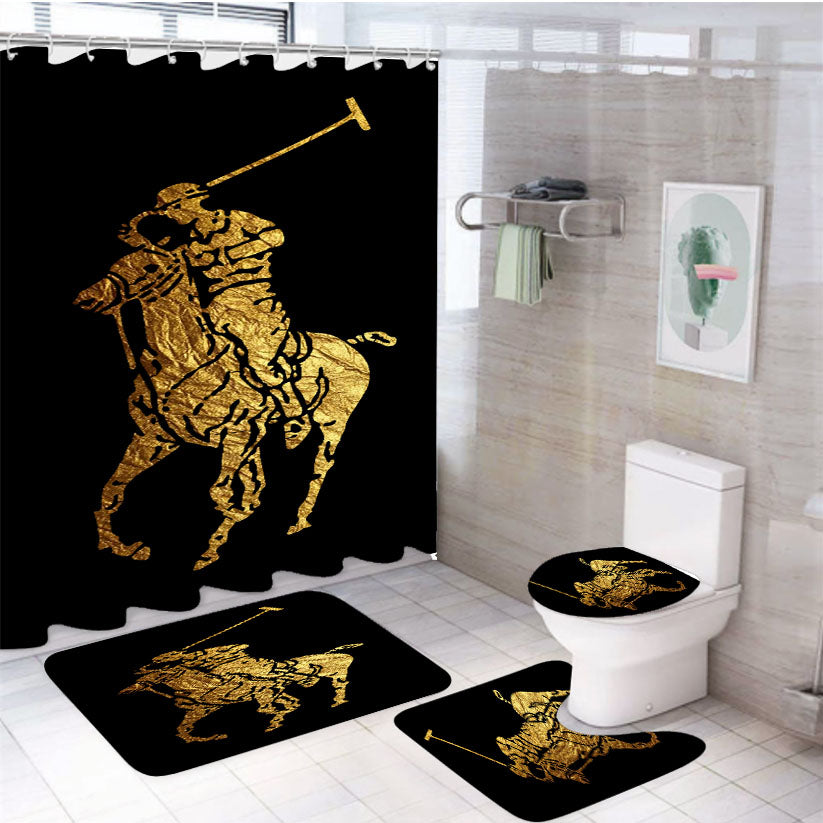 Polo Ralph Lauren Black Gold Logo 4Pcs Bathroom Set Shower Curtain