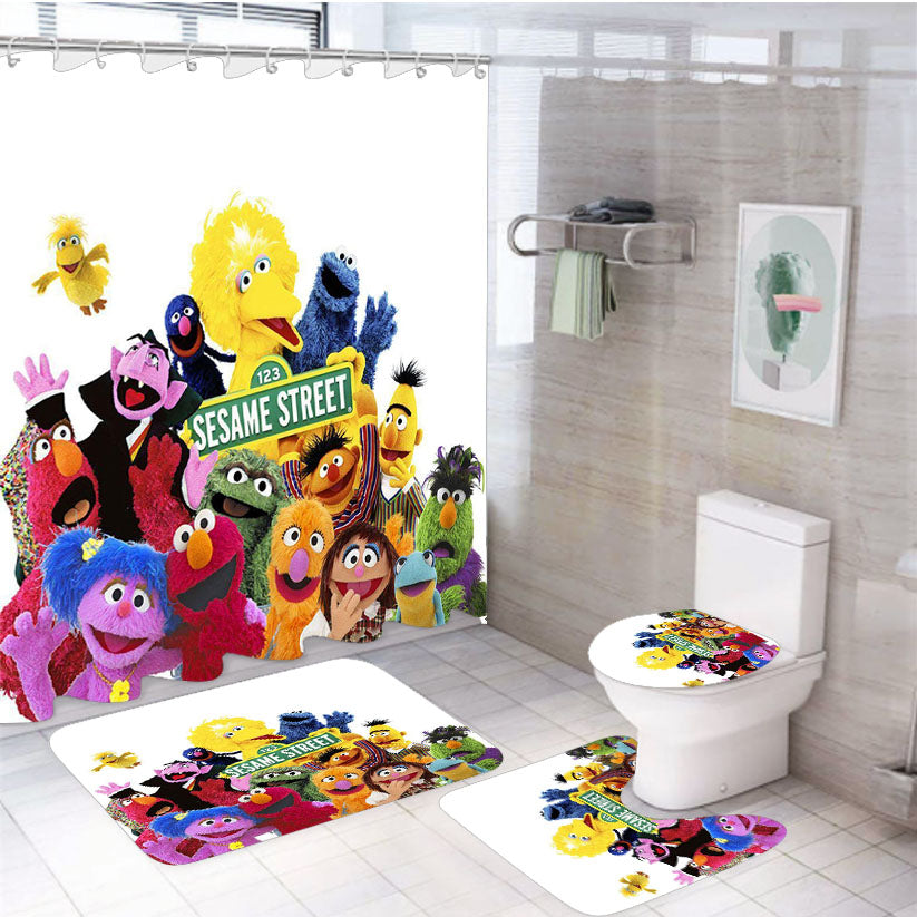 Sesame Street Characters 4Pcs Bathroom Set Shower Curtain