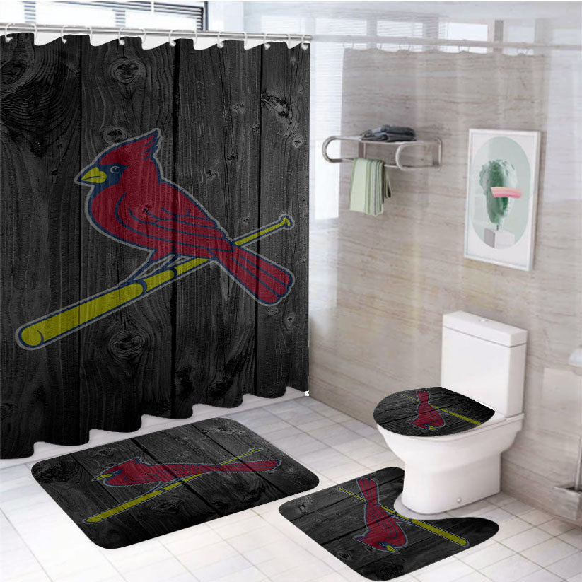 St Louis Cardinals Mlb Logo Dark Wood Wallpaper 4Pcs Bathroom Set Shower Curtain
