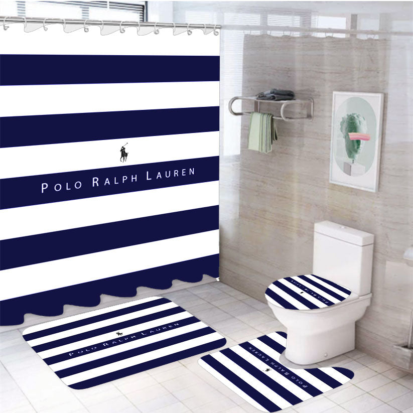 Stripe White Blue Polo Ralph Lauren Logo 4Pcs Bathroom Set Shower Curtain