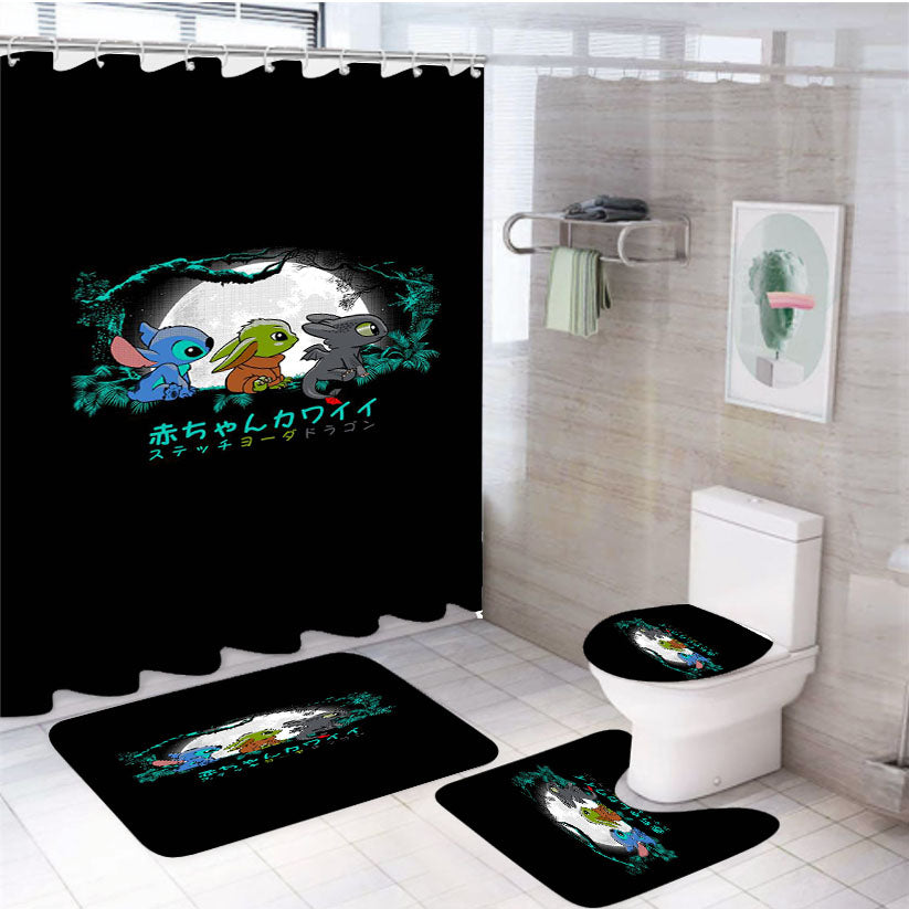 Trio Baby Yoda Baby Stitch Baby Toothless 4Pcs Bathroom Set Shower Curtain