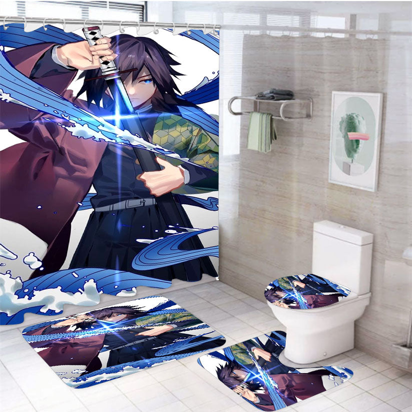 Water Pillar Giyu Tomioka Demon Slayer 4Pcs Bathroom Set Shower Curtain