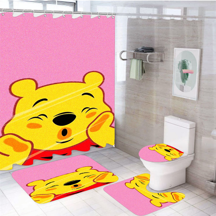 Winnie The Pooh Face Cute Mirror 4Pcs Bathroom Set Shower Curtain